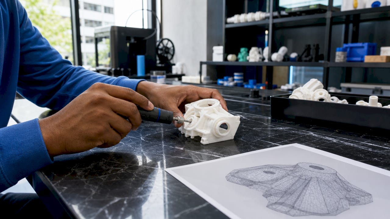 Hands sanding detailed 3D printed prototype part
