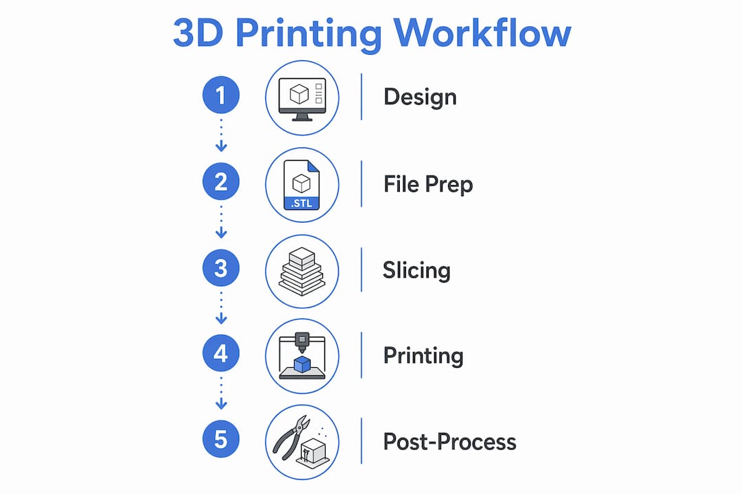 Infographic showing five main 3D printing workflow steps