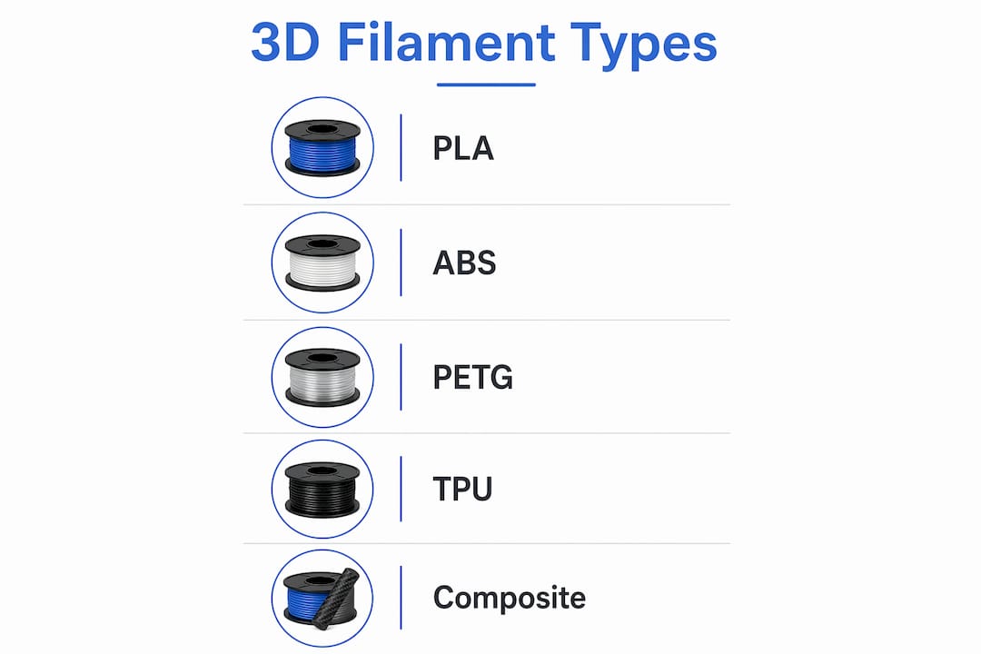 Infographic illustrating main 3D filament types