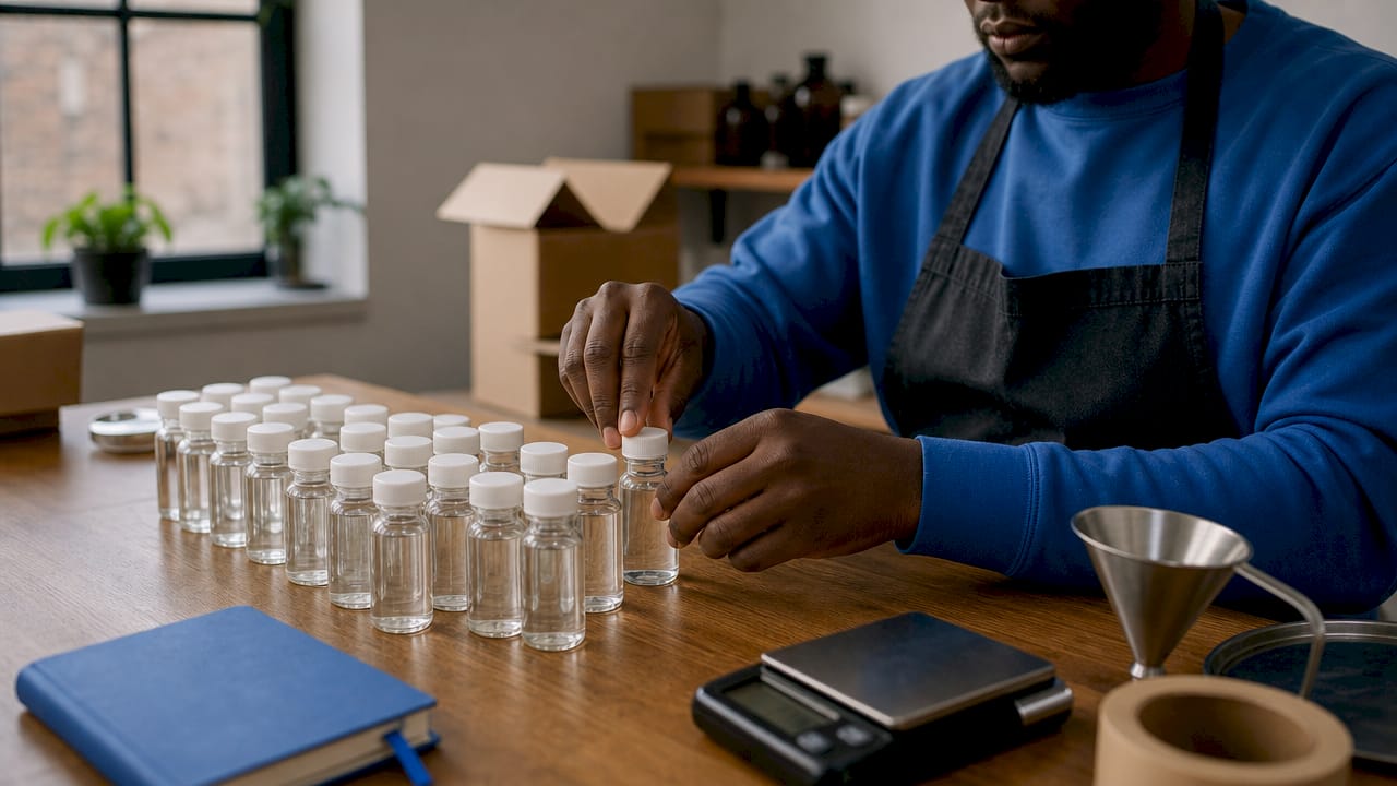 Hands assembling primary packaging for bottles