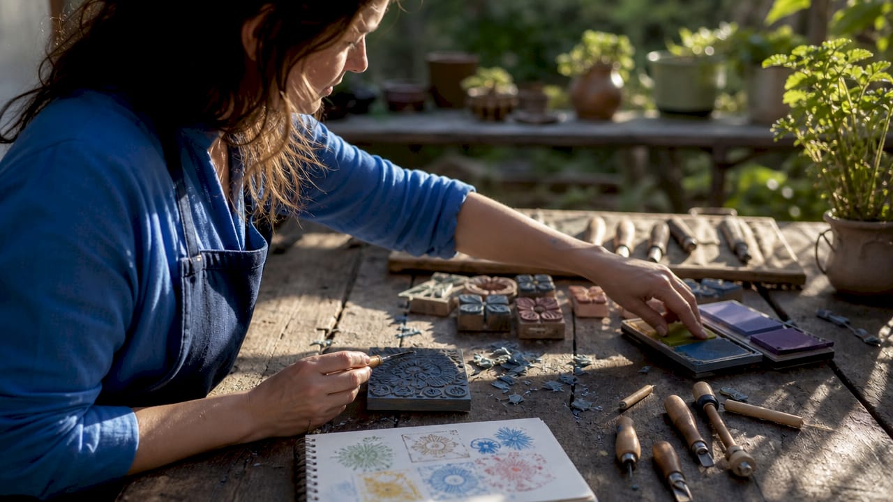 Hands picking stamp carving tools and materials on desk