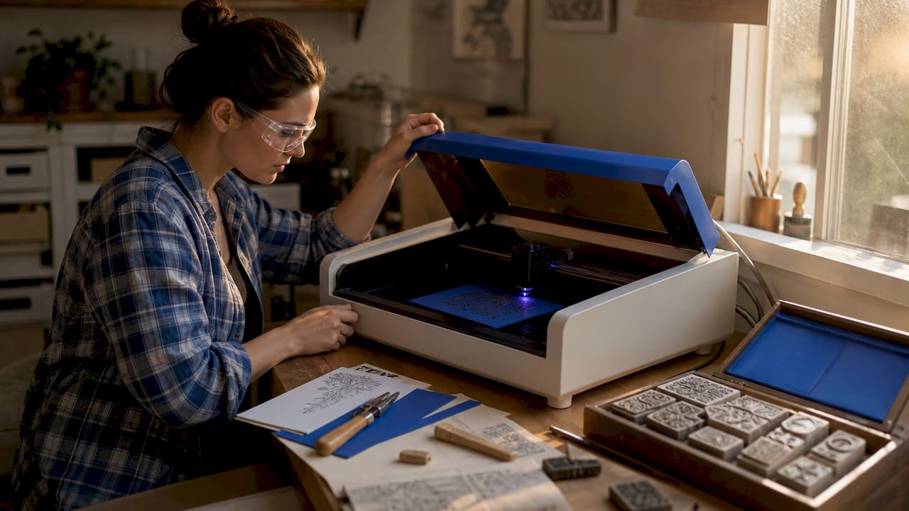 Laser engraving machine producing a rubber stamp