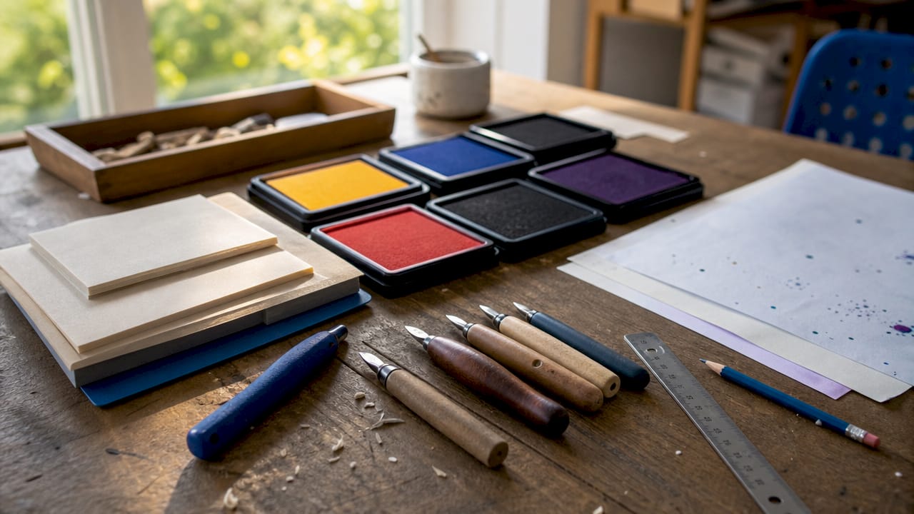 Essential tools and materials for custom stamp carving