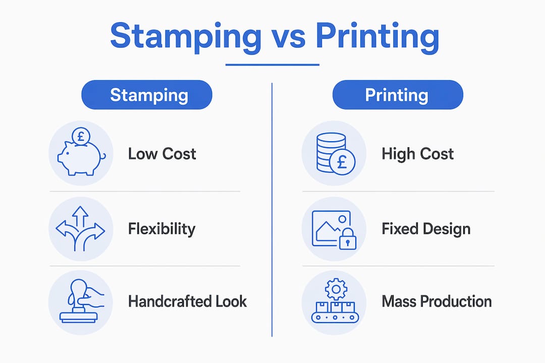Infographic comparing stamping and printing benefits