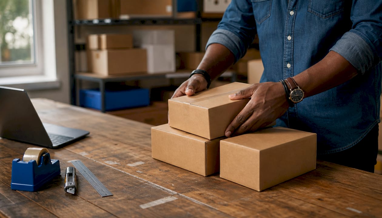 Hands arranging standard cardboard boxes for packaging