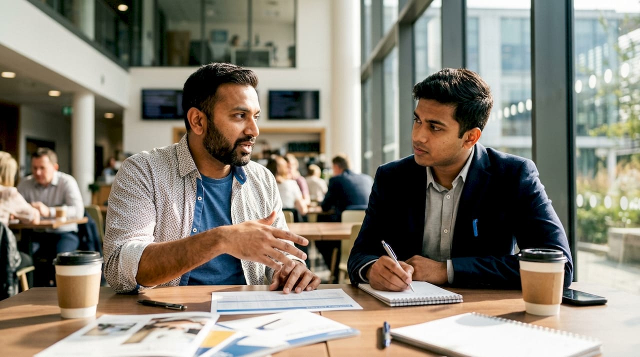 Two men discussing supply chain resilience in meeting room