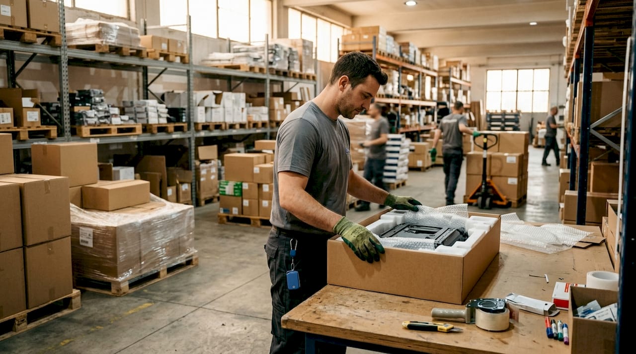 Worker inspecting product fit in custom box