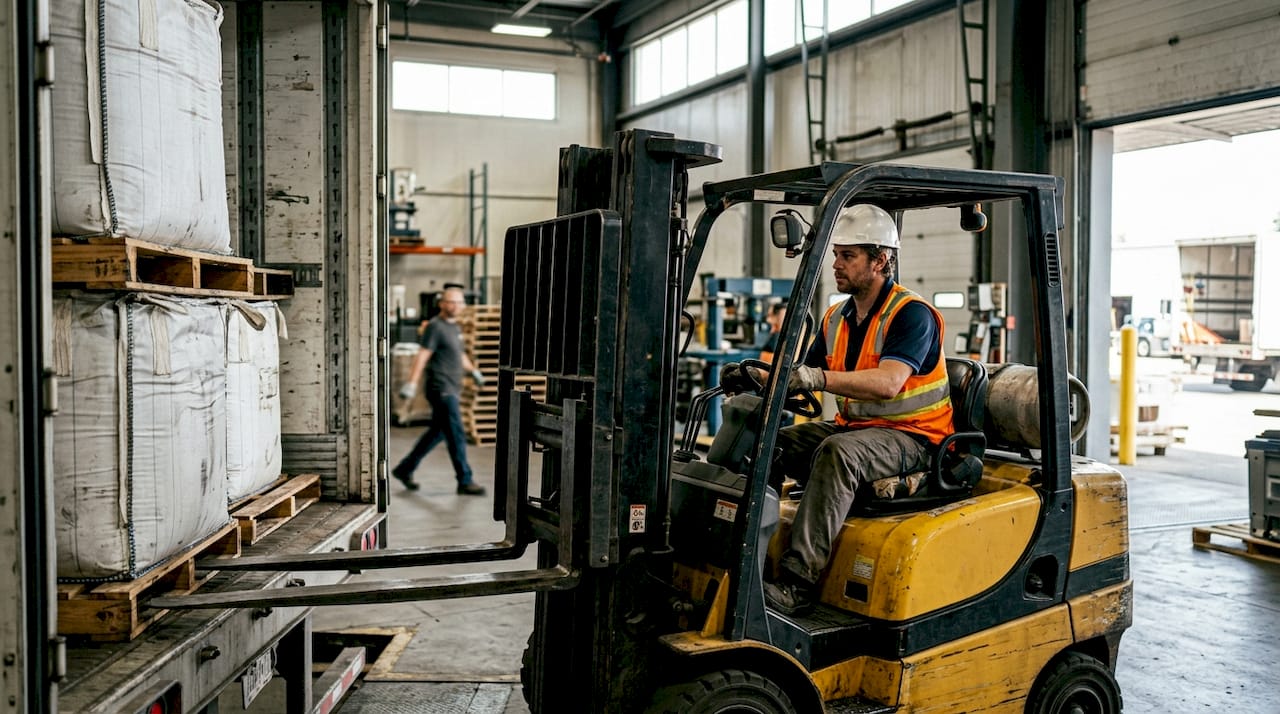 Forklift loading bulk containers onto truck
