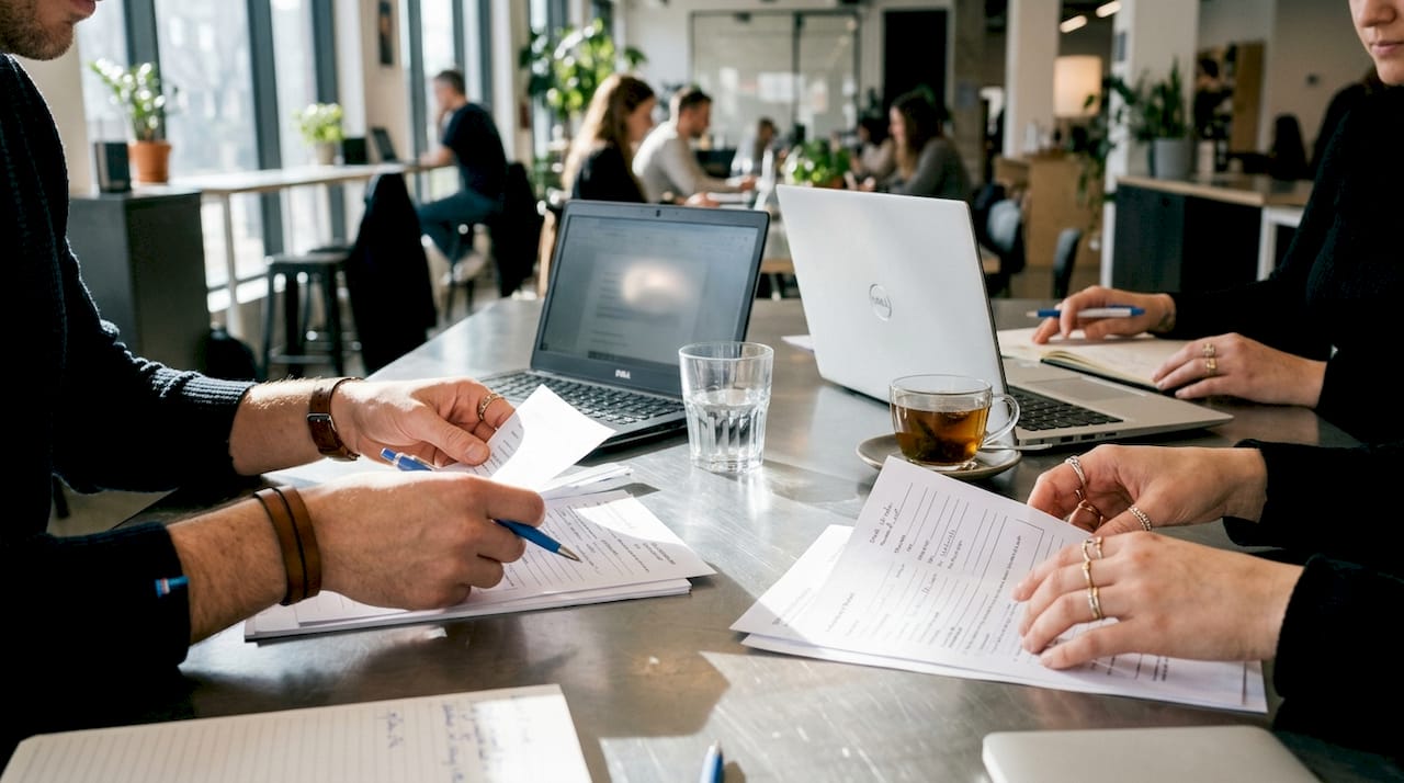 Hands organizing supplier onboarding paperwork in office