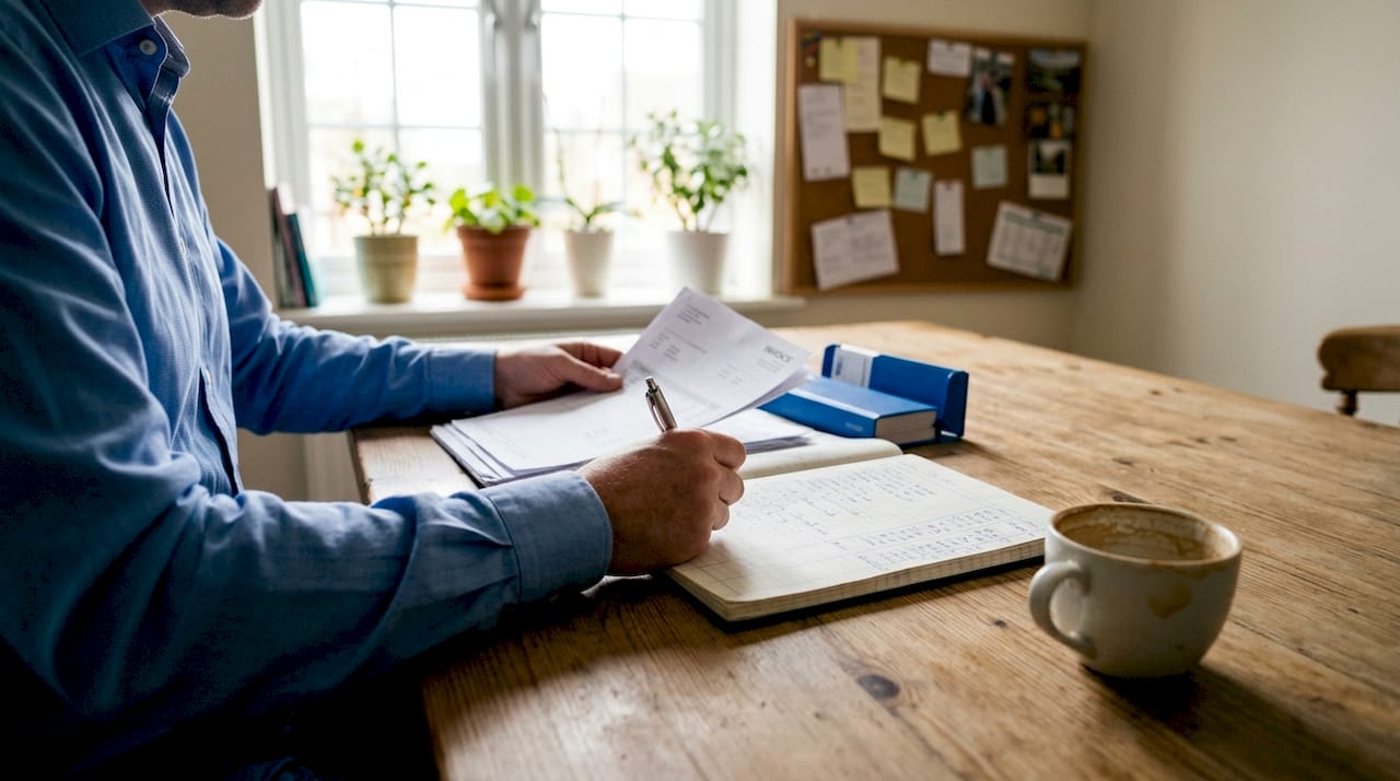 Retailer calculating cost savings with invoices and calculator