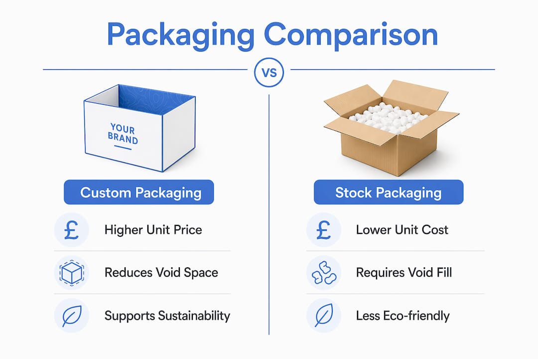 Infographic comparing custom versus stock packaging features
