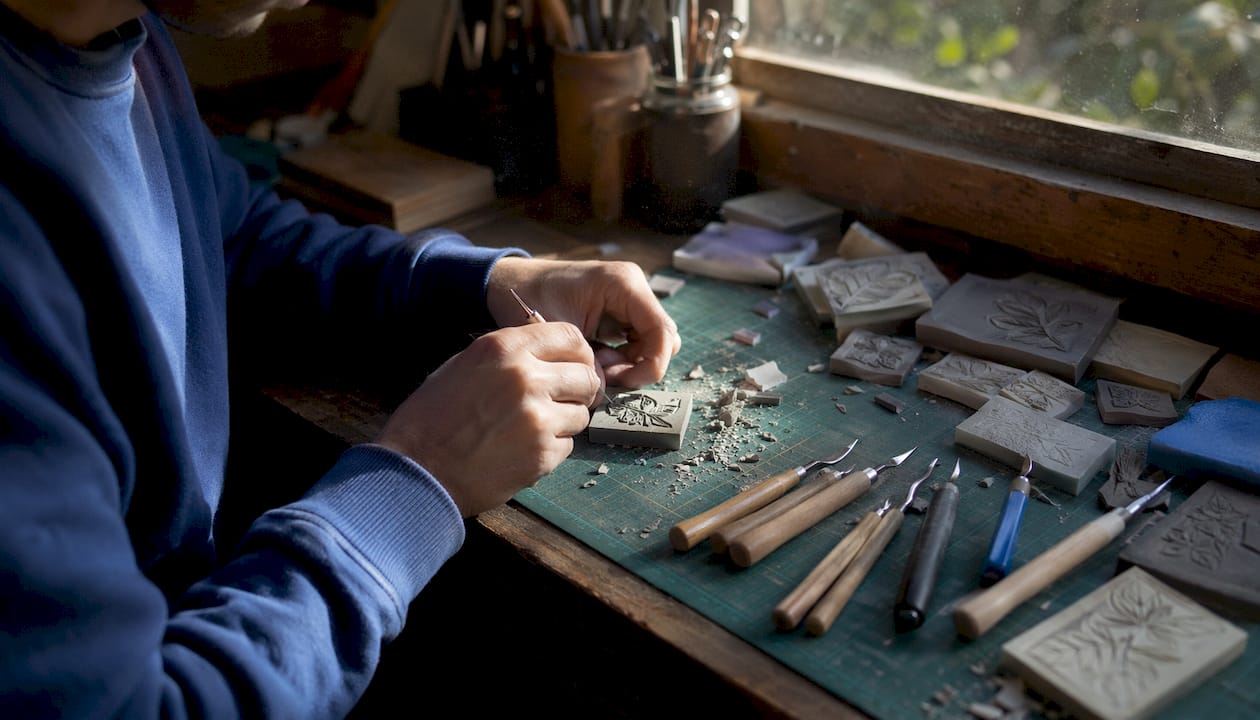 Hands carving soft rubber stamp block with tools