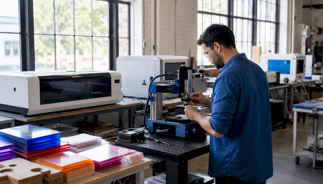 Technician hands adjusting laser engraving machine parts