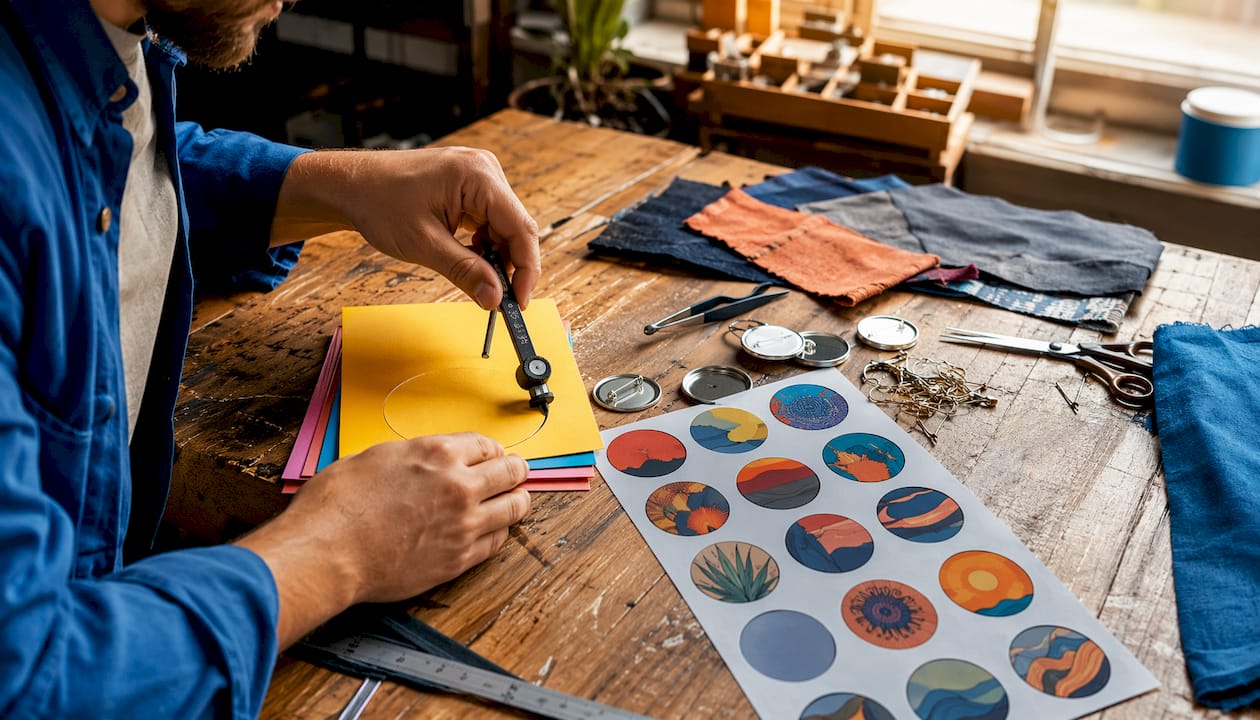 Hands cutting badge paper with precision tool
