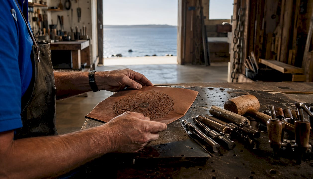Hands holding freshly engraved vegetable-tanned leather