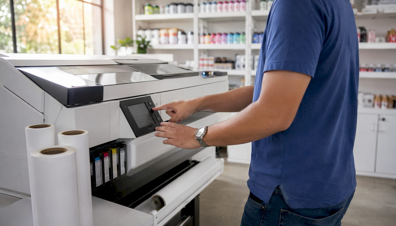 Hands adjusting printer controls in print workshop