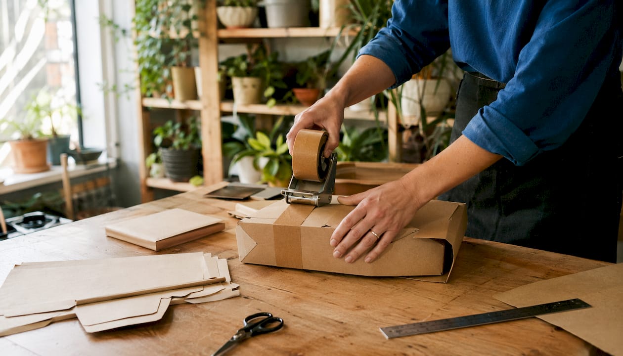 Hands assembling recycled cardboard packaging