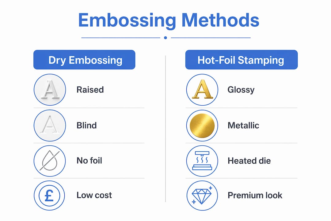 Infographic comparing dry embossing and hot-foil stamping