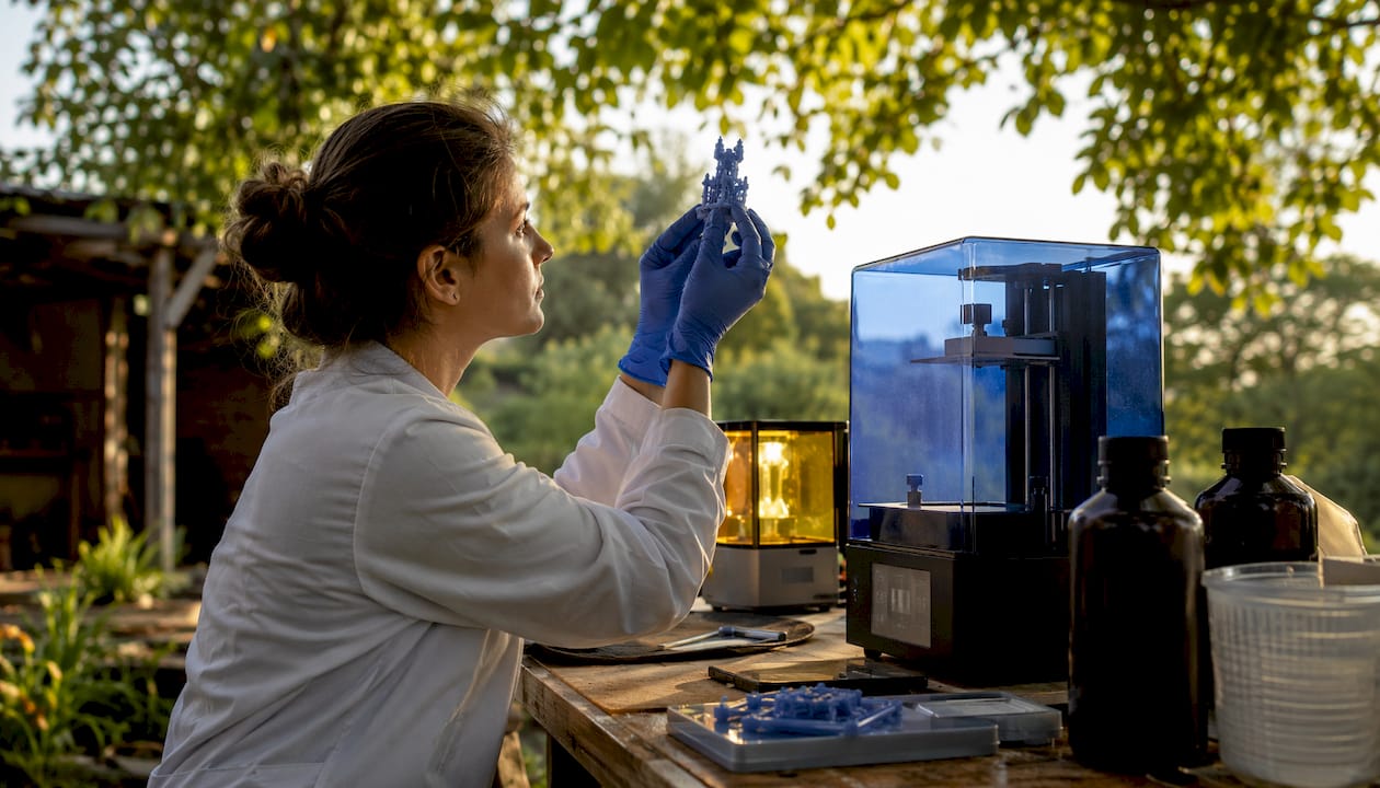 Technician inspecting fresh resin 3D print in lab
