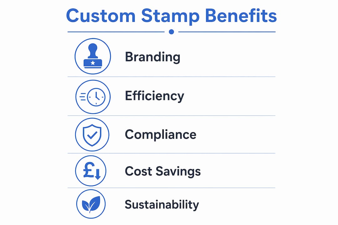 Infographic presenting key benefits of custom business stamps in UK SMEs
