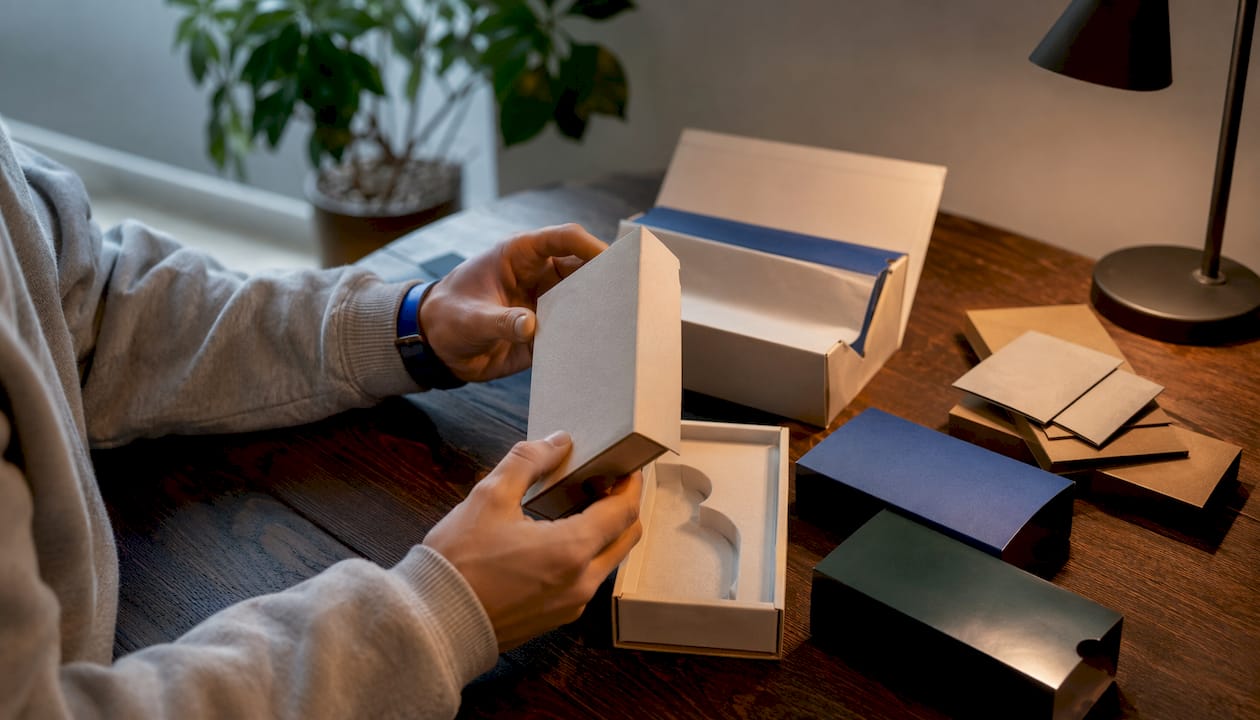 Overhead view of retail packaging samples on table