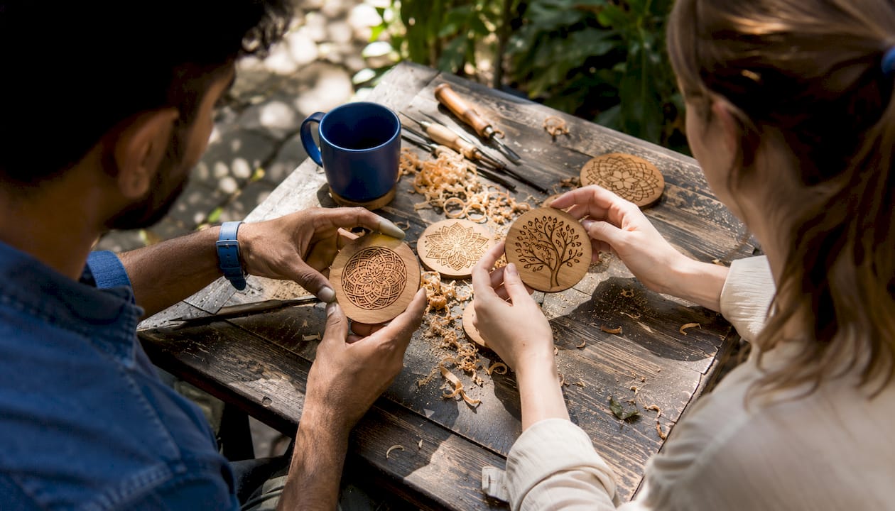 Hands inspecting laser engraved wooden coasters
