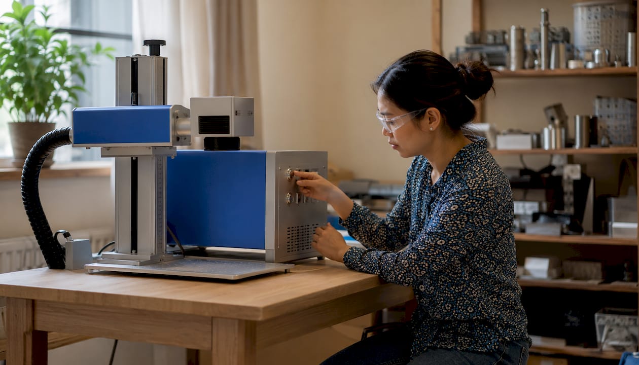 Technician checking fibre laser engraver in home workspace
