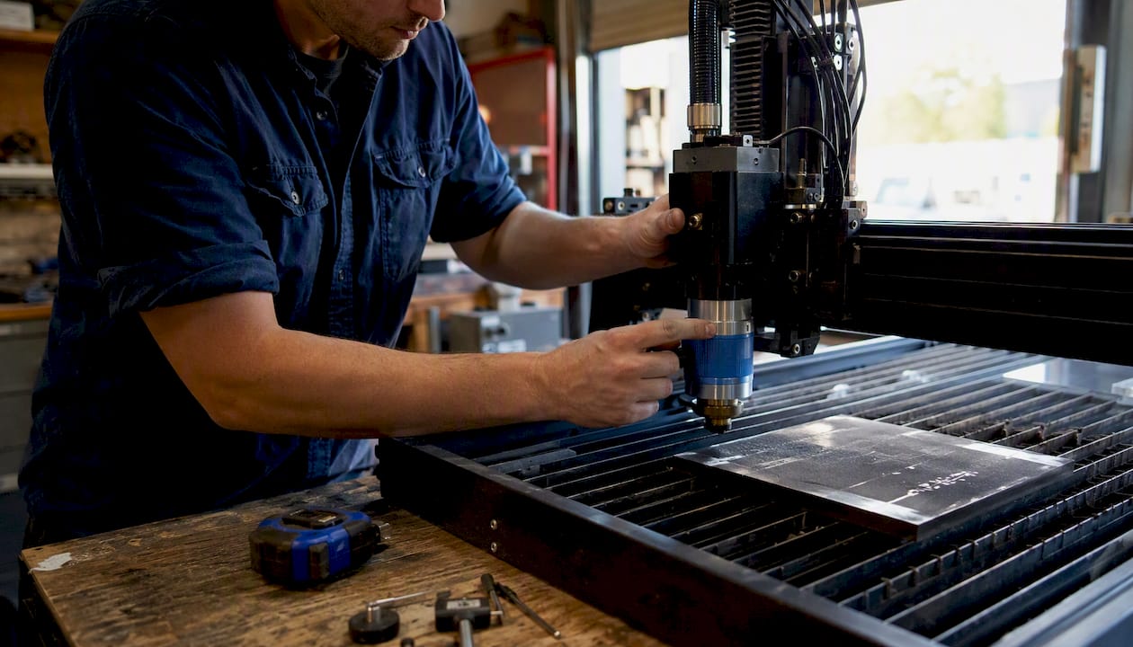 Hands adjusting fiber laser engraver focus lens