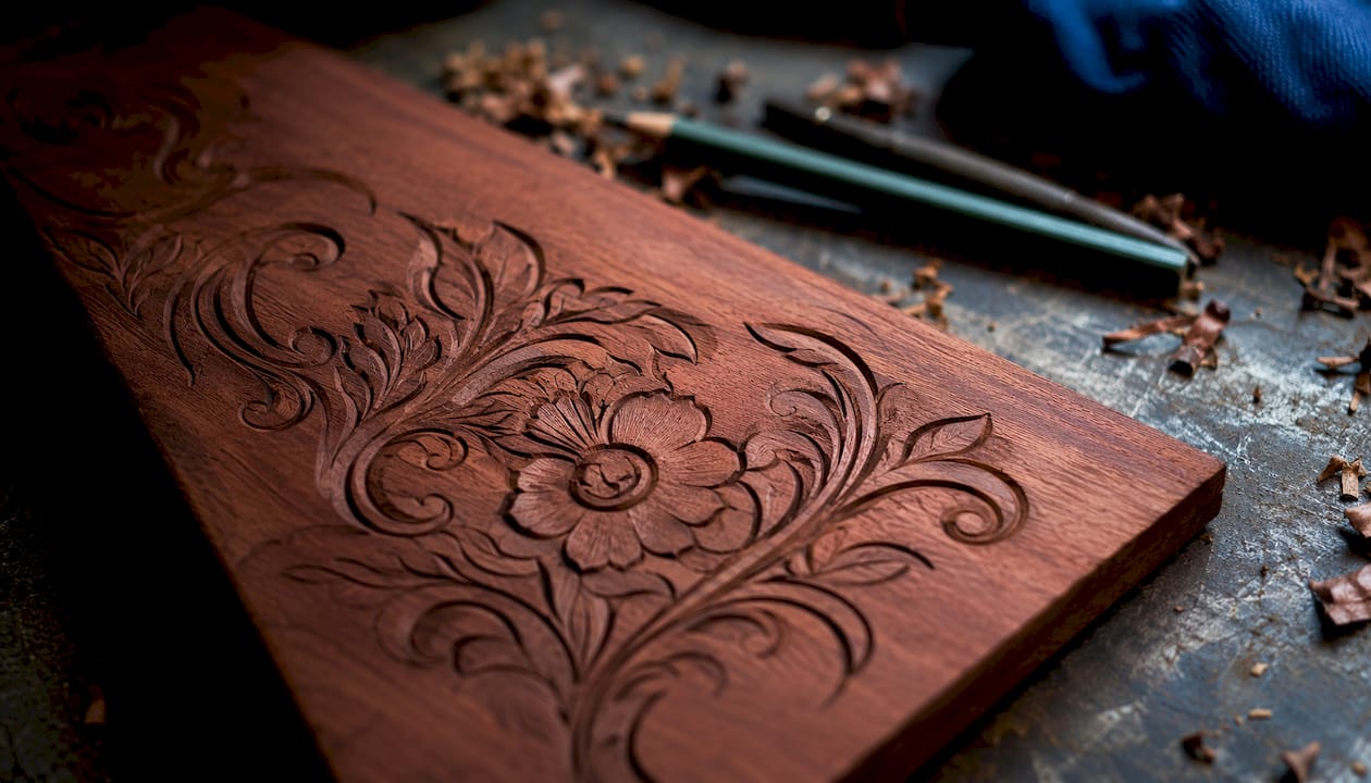 Close-up of detailed wood engraving on maple plaque