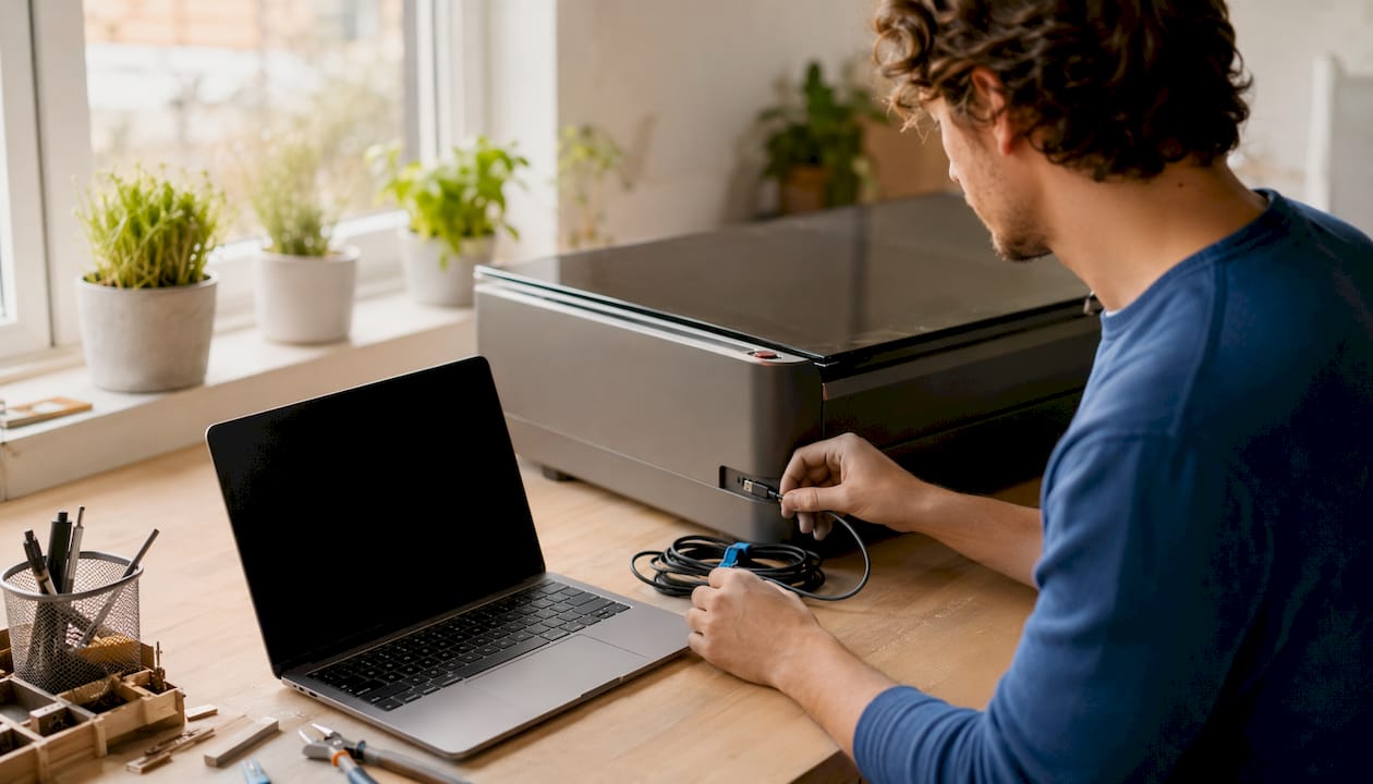 Hands connecting xTool laser to laptop via USB cable