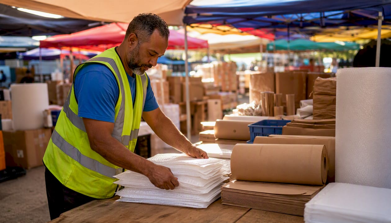 Worker organizing packaging supplies in warehouse