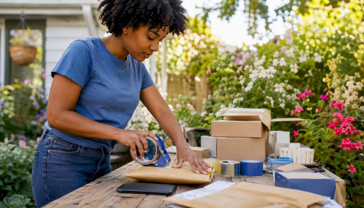 Entrepreneur sealing an e-commerce package at home