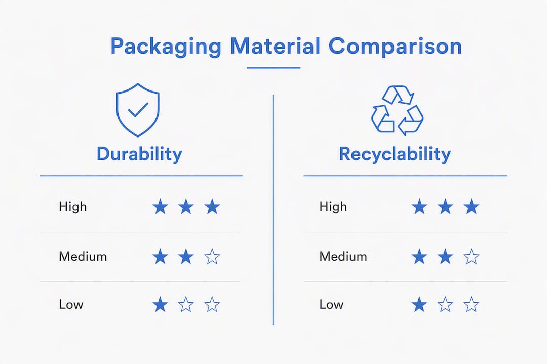 Infographic comparing packaging materials by durability and recyclability