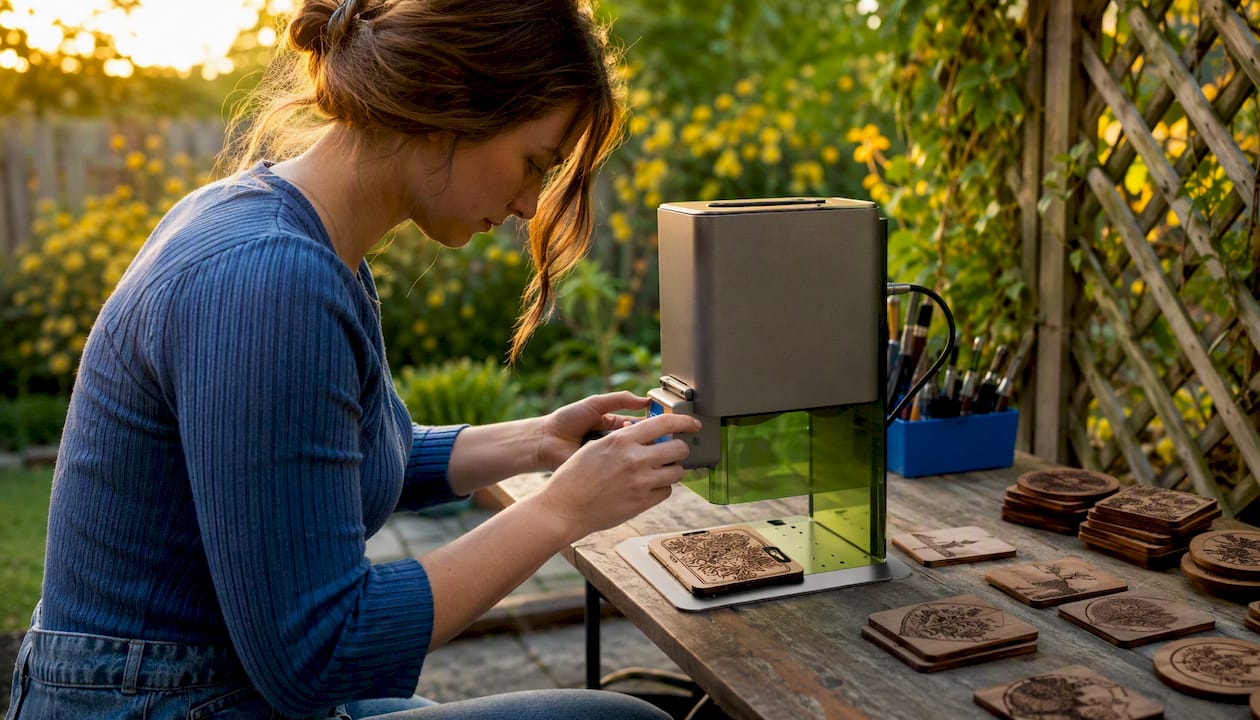 Close-up of hands using portable xTool F1 laser engraver
