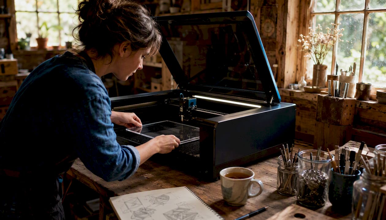 Hands positioning material inside xTool P2 laser engraver