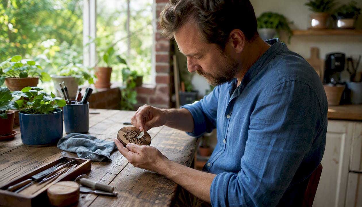 Man cleaning wooden engraved coaster