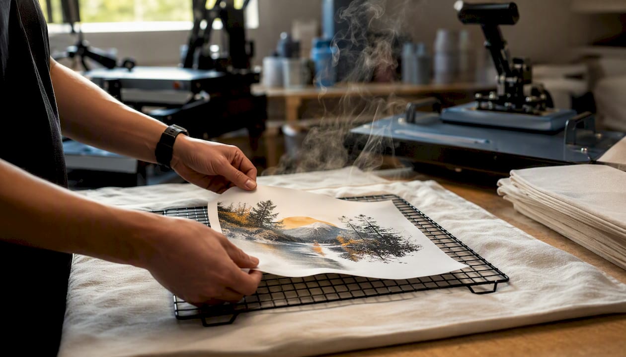 Hands cooling sublimation transfer after pressing