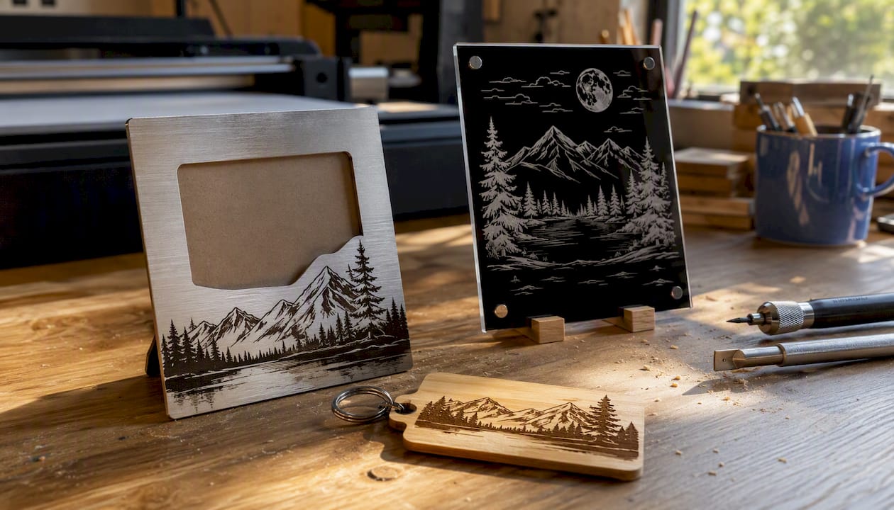 Laser engraved wood, acrylic, and metal gifts