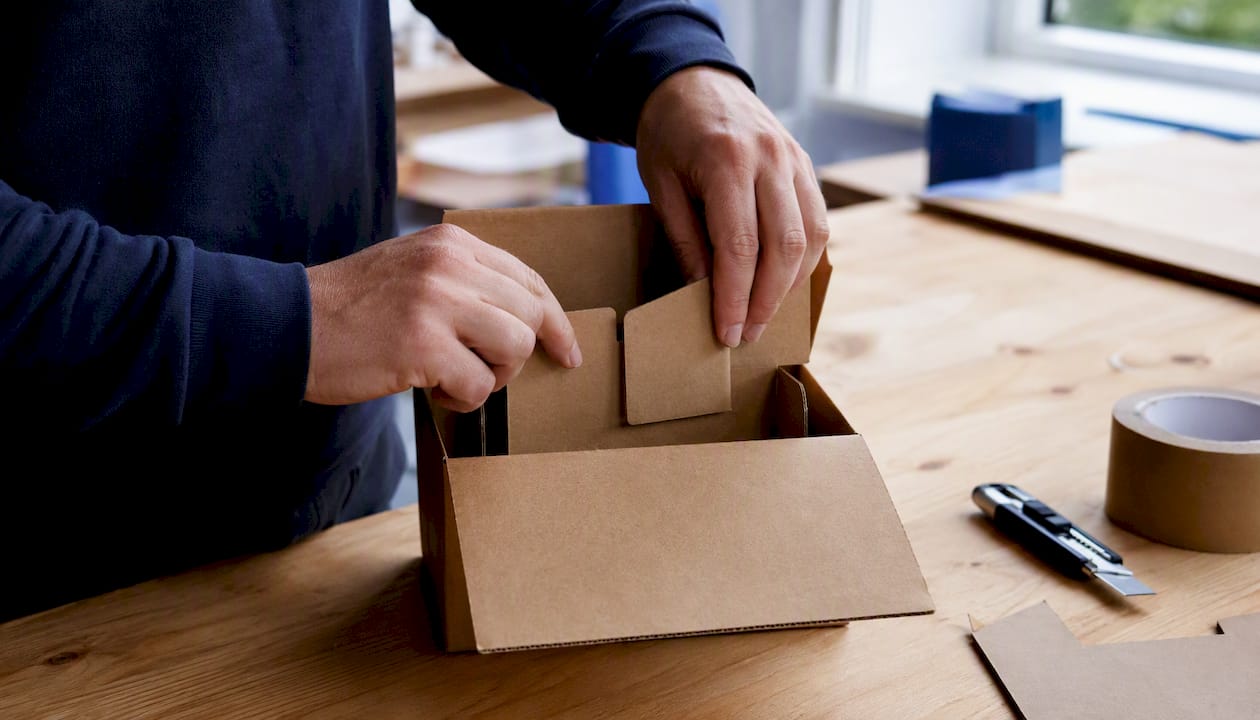 Hands assembling crash-lock base postal mug box
