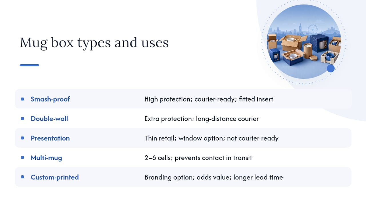 Comparison chart of different mug shipping box types