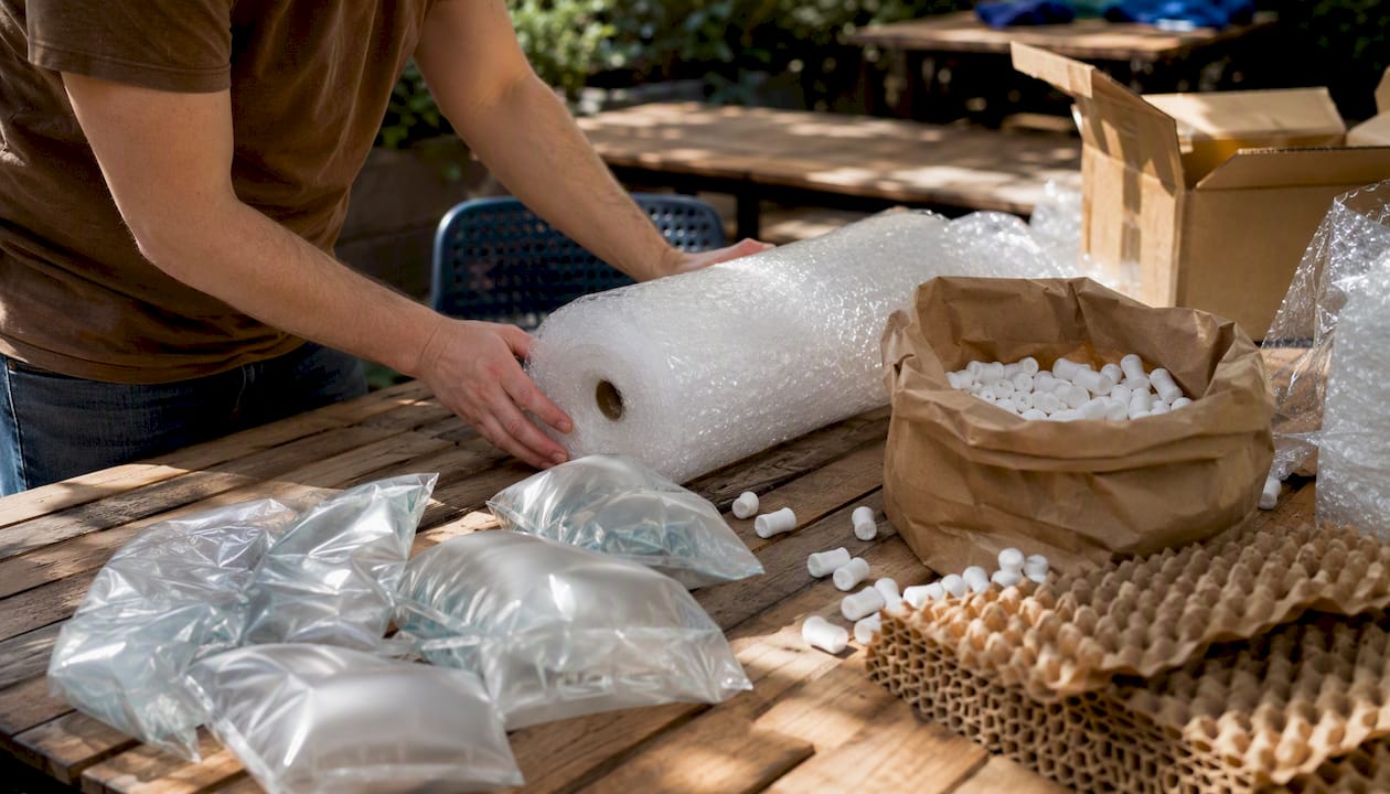 Various cushioning materials on packing bench
