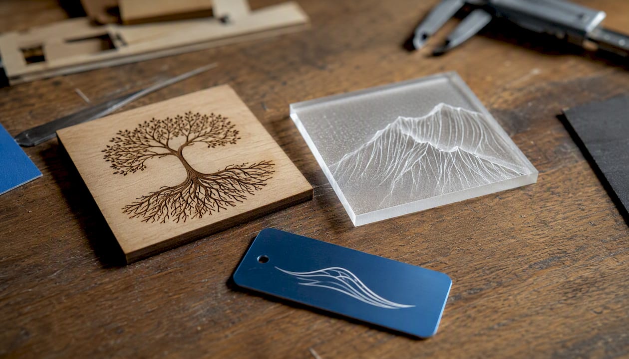 Engraved samples on wood, acrylic, aluminium