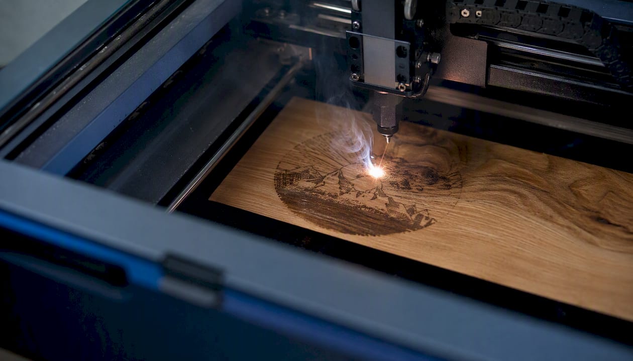 Close-up of laser beam engraving wood surface