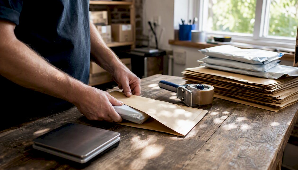 Hands packing product into right-sized mailer
