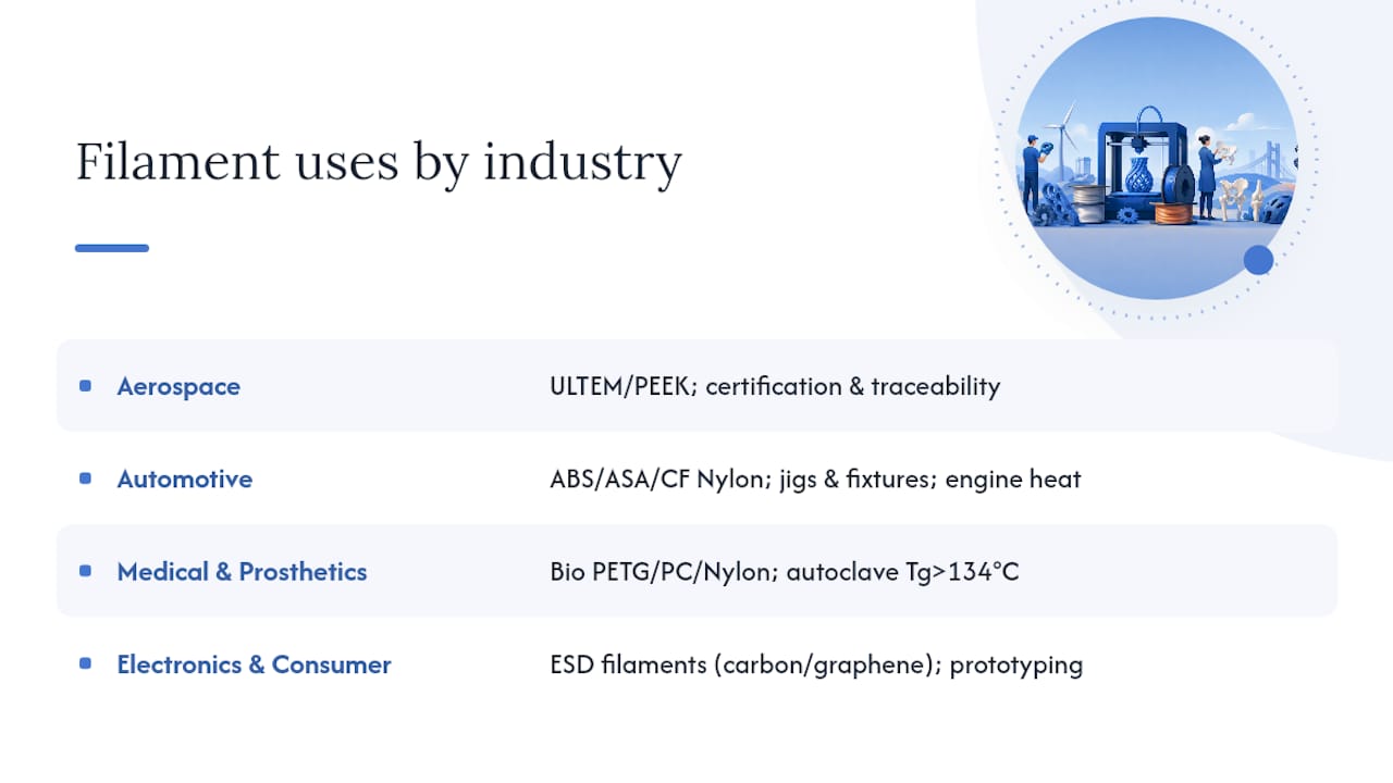 Filament materials usage by industry sectors