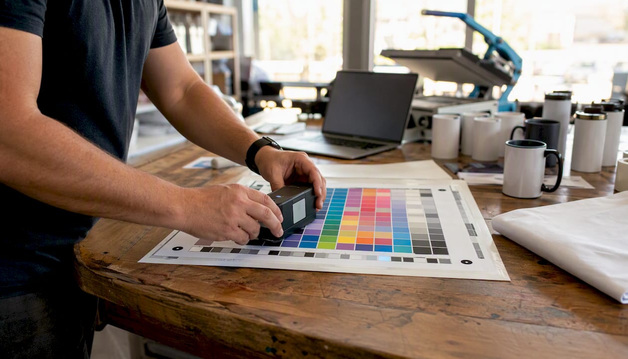 Hand operating spectrophotometer on colour chart