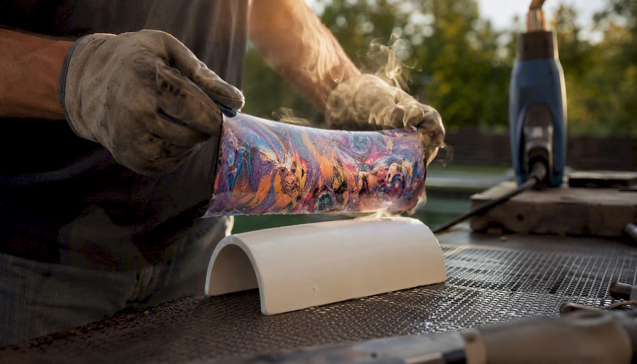 Gloved hands removing hot shrink sleeve from blank