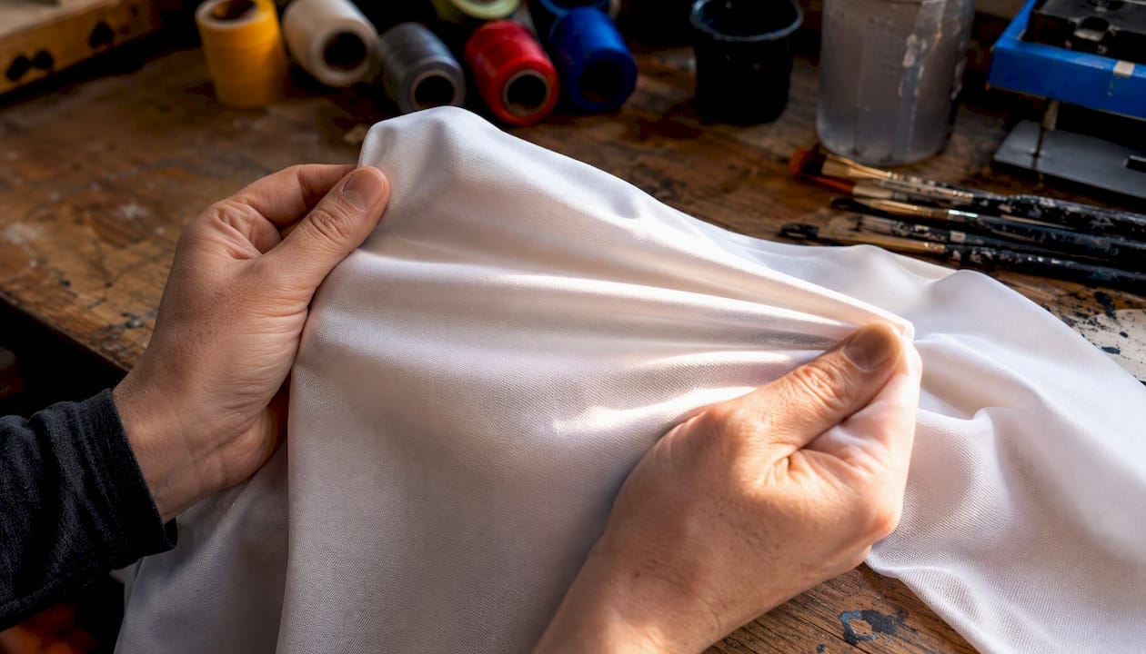 Hands stretching polyester fabric close-up