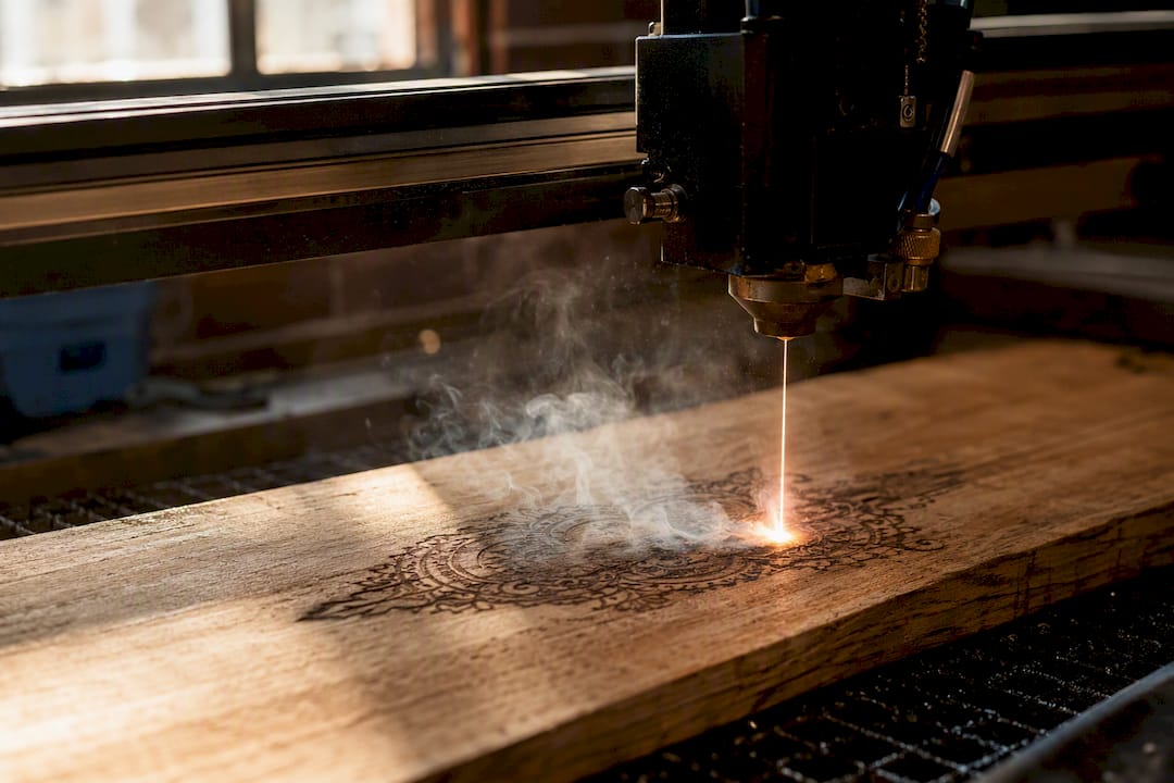 Focused laser beam engraving wood surface