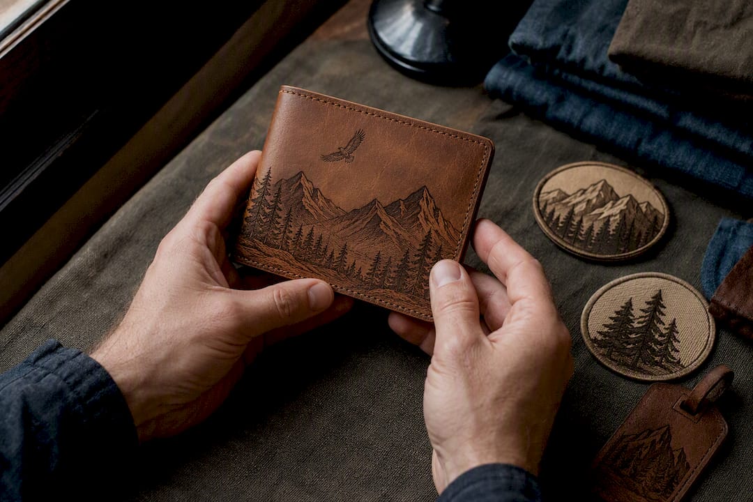 Laser engraved leather wallet and fabric patches